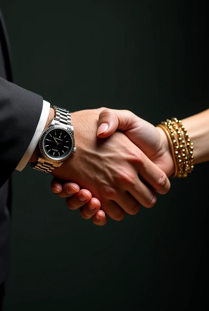 Two hands shaking each other, one veiny male hand with flashy watch and the other female hand with gold bracelet and pretty nails, realistic and bottomless
