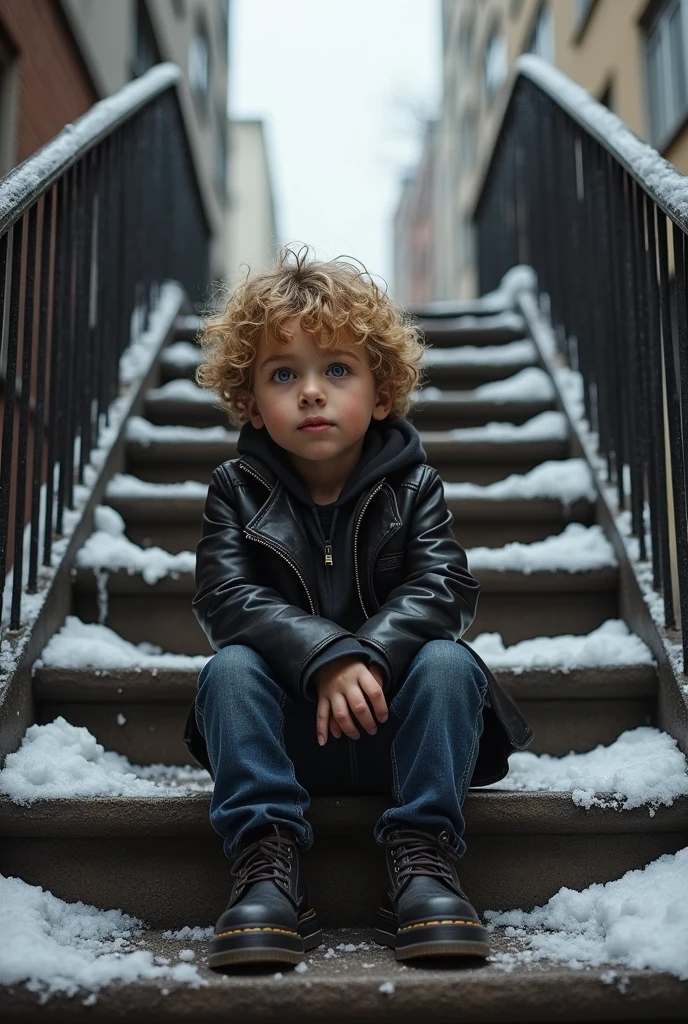 a small boy with curly blonde hair, wearing a black leather jacket, hoodie, and jeans with doc martens boots, sitting on the stairs of an apartment entrance, street scene, winter