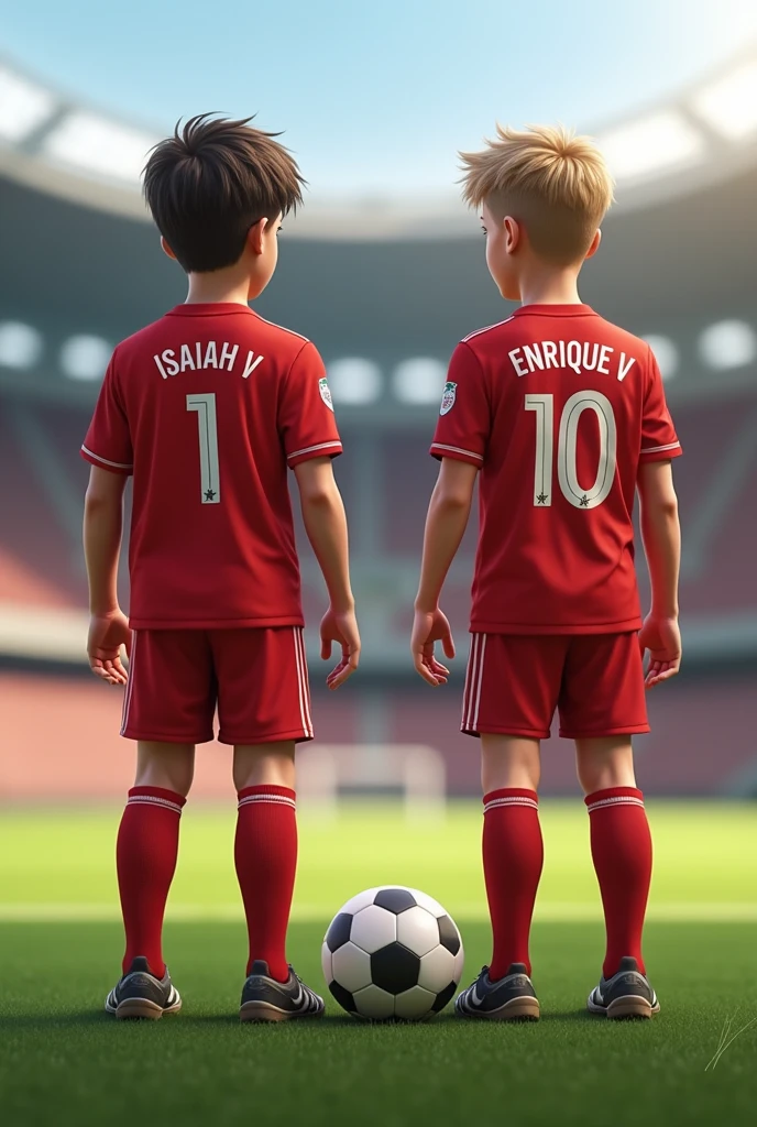 two brothers, one is 11 years old and the other 12, They are standing in the middle of a soccer field, one is a goalkeeper and the other a forward, both wear the uniform of the Liverpool club from England.
One is white skin, short straight hair, He has a soccer goalkeeper's uniform with the number 1 on his back and it says ISAIAH V.
The other is light brown skin with straight hair., He has a football uniform with the number 10 on the back and says ENRIQUE V.
They both have the same height.
There's a ball in the middle of it
