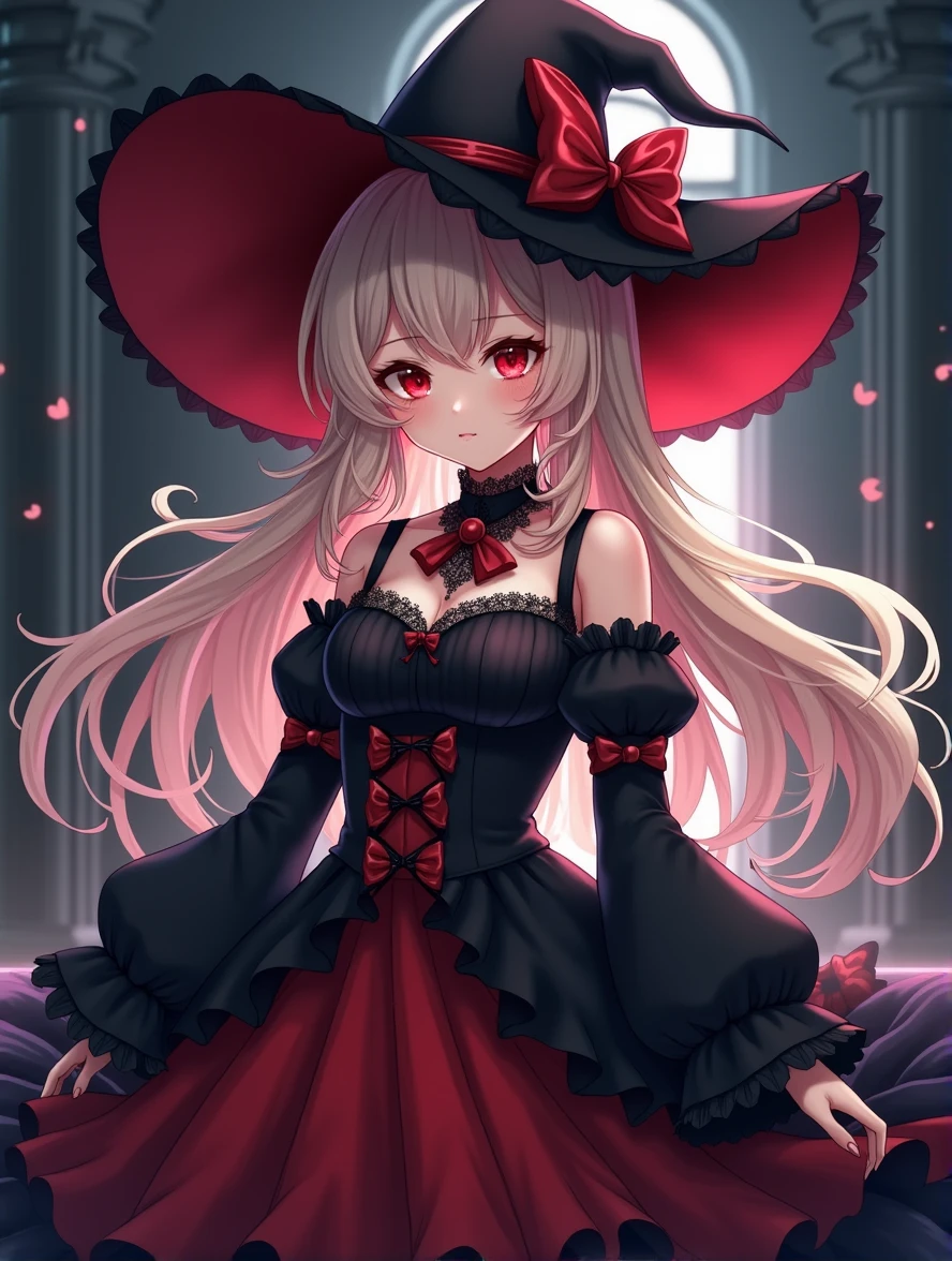 Anime style, Vampire, black and red theme Gothic ta style clothing, long blonde hair, red eyes, big witch hat