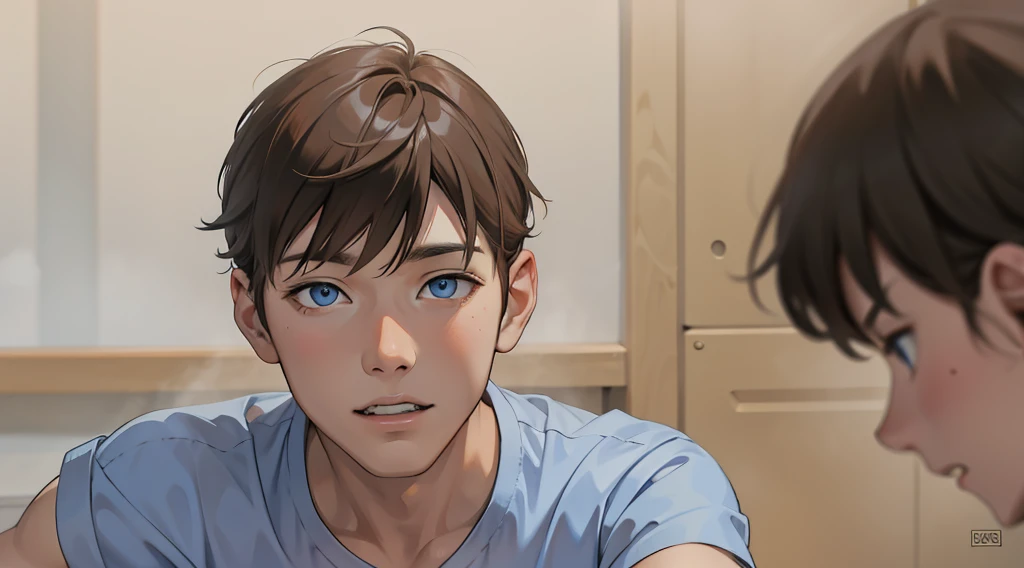has orange hair and eyes , sky blue shirt