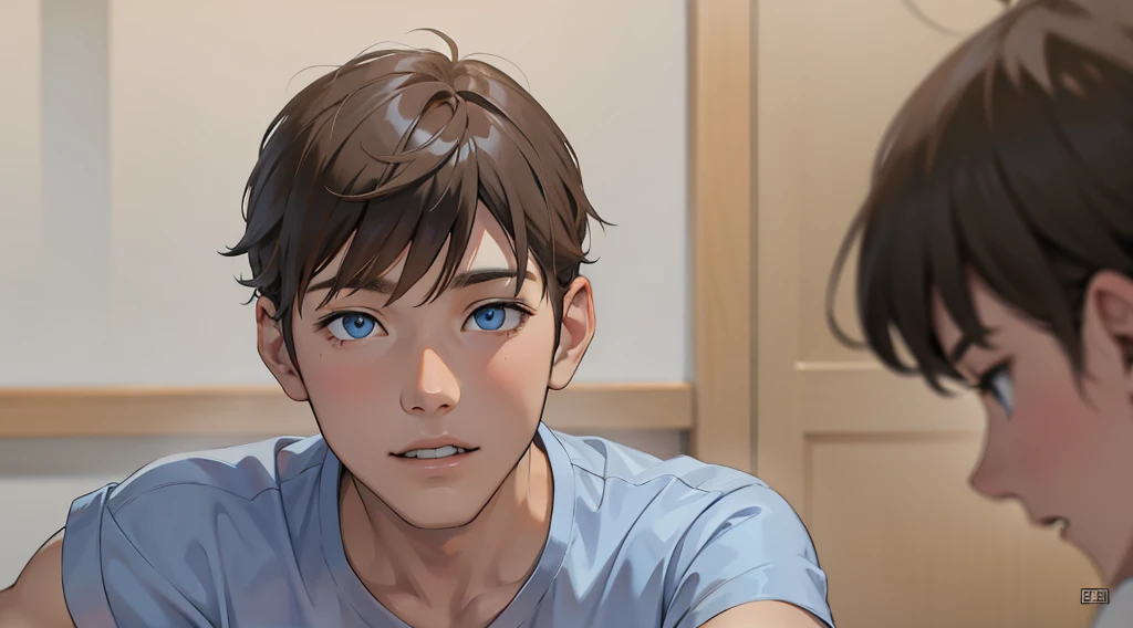 has orange hair and eyes , sky blue shirt
