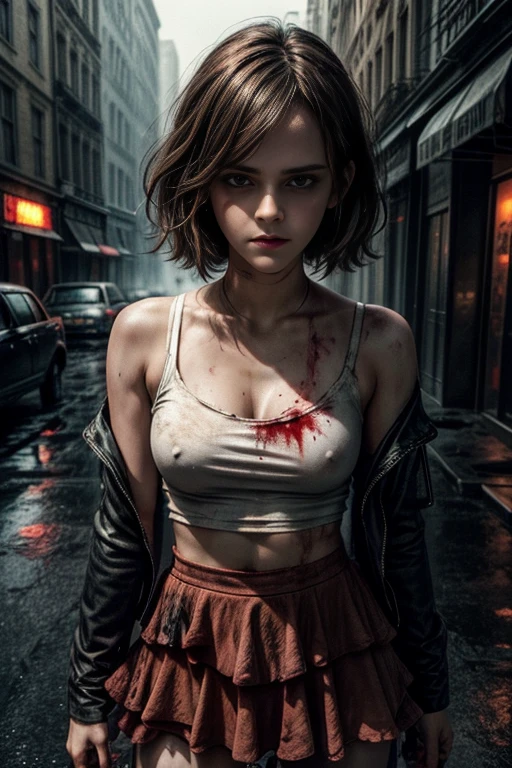 (Emma Watson) Short white t-shirt, Long Straight Hair, Smeared with blood, Small  underneath a mini t-shirt, blood dripping down, zombies chasing her, zombies running after her, face smeared with blood, blood on her clothes, Small  in a torn blood stained white blouse, blood-stained clothes, torn and dirty mini skirt, blood-stained mini skirt,  blood on her bodySmeared with blood, blood dripping down, zombies chasing her, zombies running after her, face smeared with blood, blood on her clothes, blood on her body, arafed American woman posing for a picture, beautiful American woman, korean girl, beautiful young american woman, American woman, American women's fashion model, sexy look, Small breast, cabelos longos, sexy pose, show breast. Dark background, dark and rainy street the blurred night, blurred street in the background, night, dark night, City in dog, streets in dog, rubble, smoke, destructionCity in dog, streets in dog, rubble, smoke, destruction, rainy night, shadows, dark alley, dawn, zombie apocalypse, zombie killer, zombies, undead, Zombie horde, monsters, movie style: RESIDENT EVIL. (Perfect skin, without blemishes or marks).  ((best quality, 8k, masterpiece: 1.3)), focus: 1.2, perfect figure beautiful woman: 1.4, perfect breasts: 1.2, ((layered haircut, beautiful breasts: 1.2)), (real clothing textures: 1.1), (smooth Posture), clothing: 1.1, Highly detailed facial and skin texture, A detailed eye, double eyelid, brighten skin, real hair, “Visualize a character who radiates an aura of mystery and fascination.  Her skin is so realistic that every texture and hue seems to pop out of the image, reflecting light and shadow perfectly.  Skin should display subtle nuances of color, from the warm tones of natural blush to the cool shadows under the eyes, capturing the complexity and beauty of human skin in all its vivid detail.  (Dark style with horror, cinematic effect in Zombie Apocalypse style).