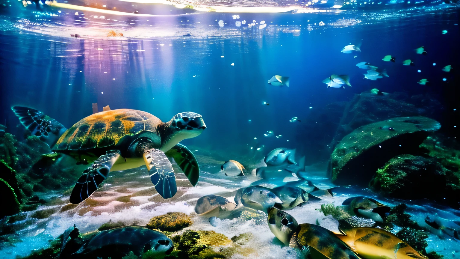 Underwater, sea turtles swimming majestically, many kinds of fish swimming, clear water, soothing, high resolution, 2K