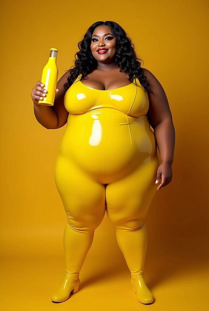 Fat bbw woman in a latex suit holding a bottle of yellow mustard 