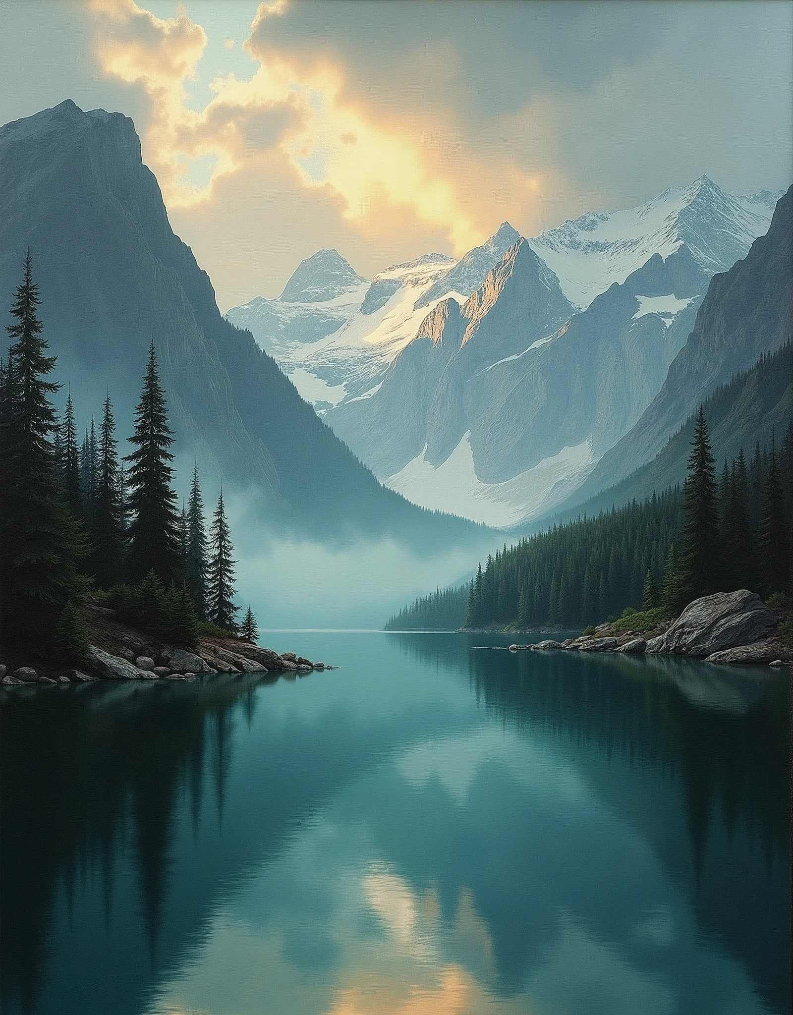 A beautiful landscape oil painting, detailed mountains and forests, serene lake, dramatic clouds, warm lighting, photorealistic, (max best quality,16k,ultra highres,top masterpiece:1.2),ultra-detailed,(ultra realistic,ultra photorealistic,ultra photo-realistic:1.37),HDR,UHD,studio lighting,ultra-fine painting,sharp focus,physically-based rendering,extreme detail description,professional,vivid colors,landscape,dramatic,atmospheric,moody,cinematic heavy-metal Chrome intricate Emerald (precise time markers:1.1)(subtle branding:1.1).Dark-Moody background Soft-Bokeh-Effect High-End Deep-Focus Bokeh Ray-Tracing Sophisticated Ambiance,foggy-swamp skulls&roses.CanonEOS 5D MarkIV,1/60s,f/2.8,ISO100,reflection,transparent,nsfw,varies,multi,etc. --v 6 --s 1000 --c 20 --q 500 --chaos 100