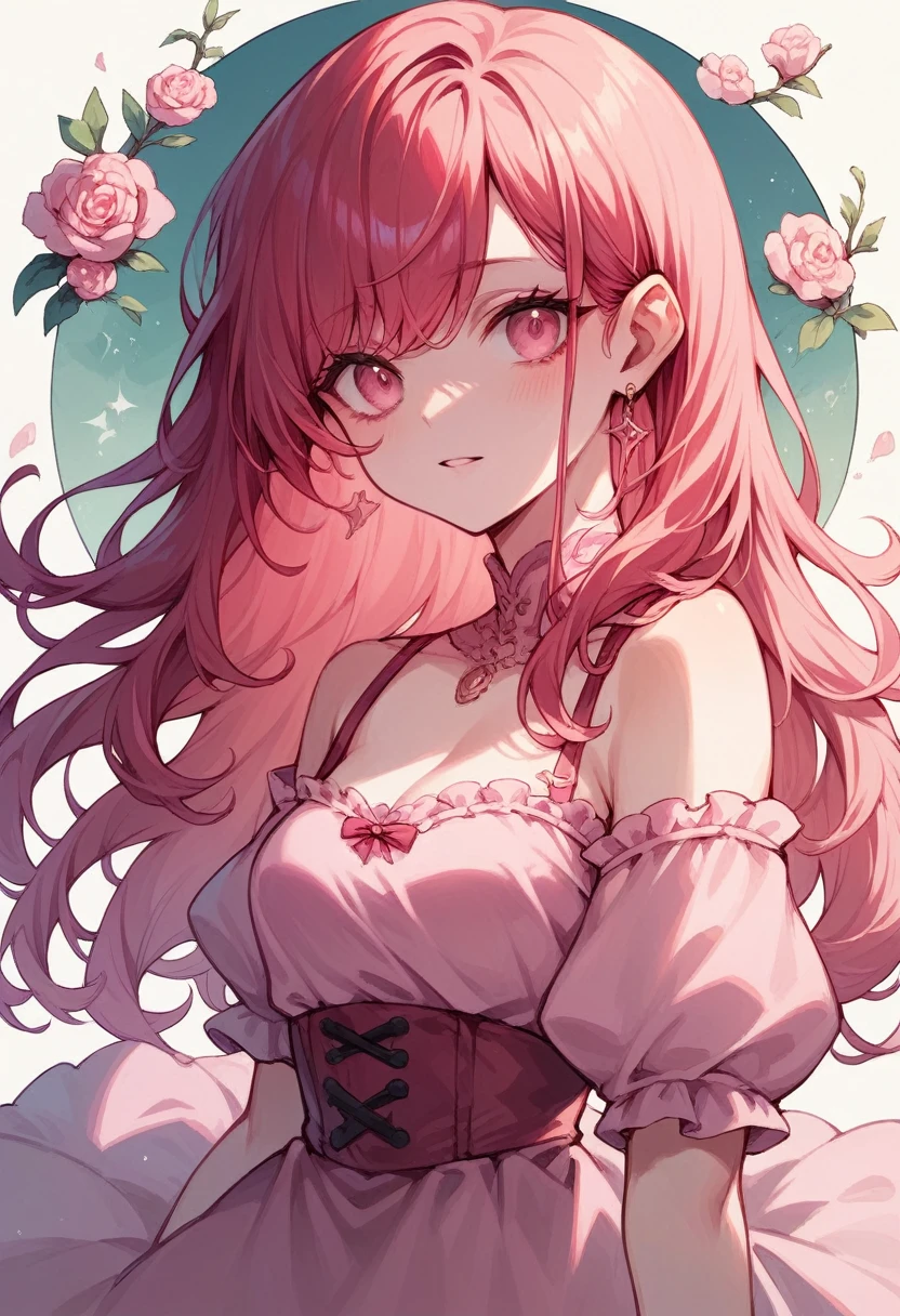 long red hair with pink riibbon,pink dress,pink eye