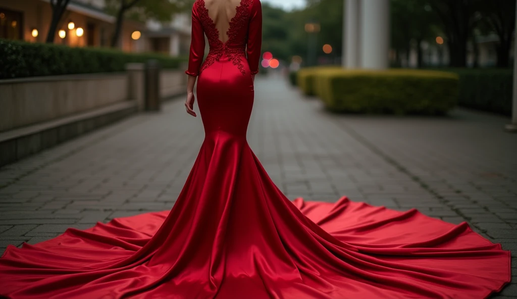Asian woman in red satin night long gown, wear modern hijab, mermaid-style, fabric clings tightly, immobile, full-body encapsulation, entirety of fabric about 7 meters in length trailing dramatically, overlong satin train, extreme detail on the texture of the satin, highlighting its reflective quality, cinched at the ankle, sexy random pose outdoor, dramatic lighting, ultra realistic, high-resolution photography.