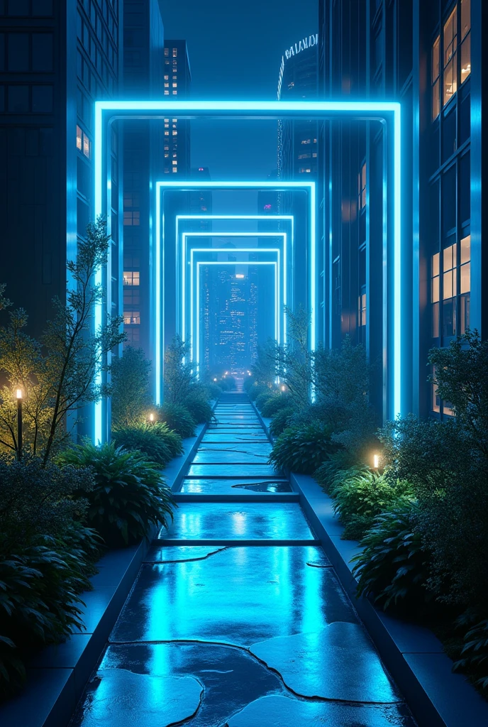 City view, blue neon lights ,art deco design,streamline moderne,futuristic architecture, Abstraction,modern style,Luxury and Luxury,Future night view,Futuristic decorative elements,Metallic,number line,sci-fi lamp,Virtual Engine,Unreal rendering, neon lights, greenery,