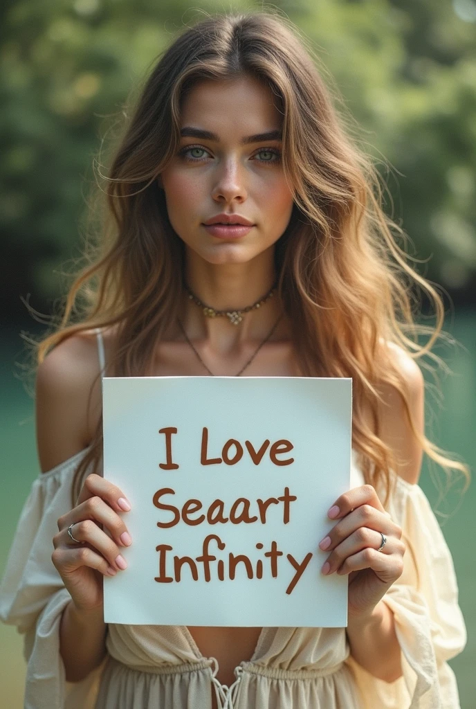 Beautiful girl with wavy long hair, bohemian dress, holding a white board with text "I Love Seaart Infinity" and showing it to the viewer