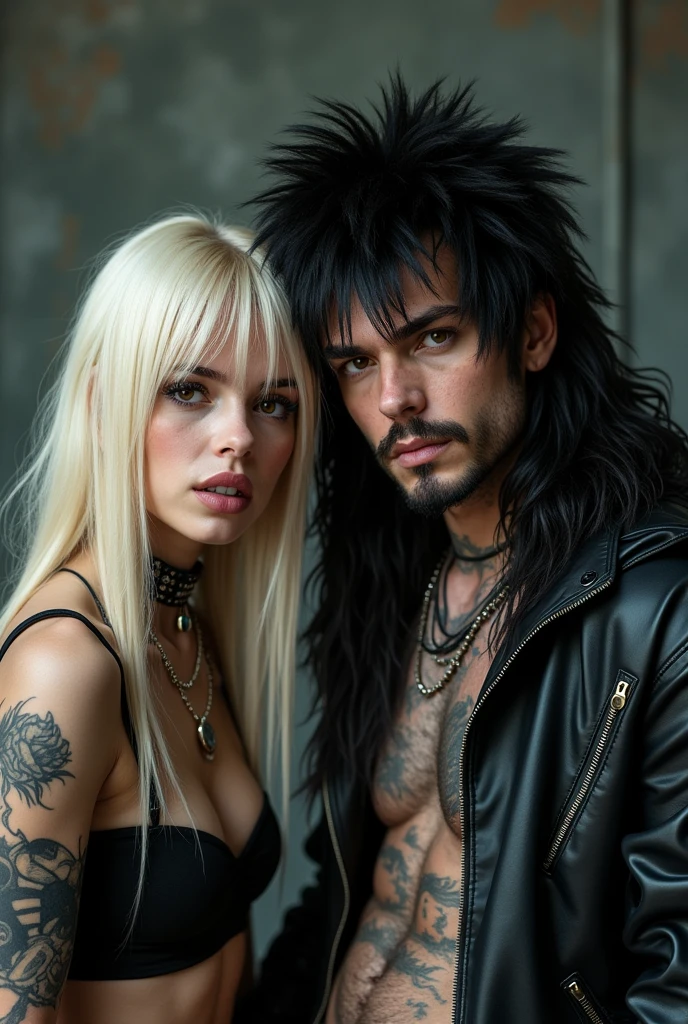 Make an image of an alternative couple with these characteristics:
naughty girl: She has pearly blonde hair, long and past the shoulder, with a fringe. She also wears a lip piercing and dark brown eyes Boy: He is a metalhead with dark hair and long hair down to his waist, very long hair, has dark brown eyes and has a mustache and goatee