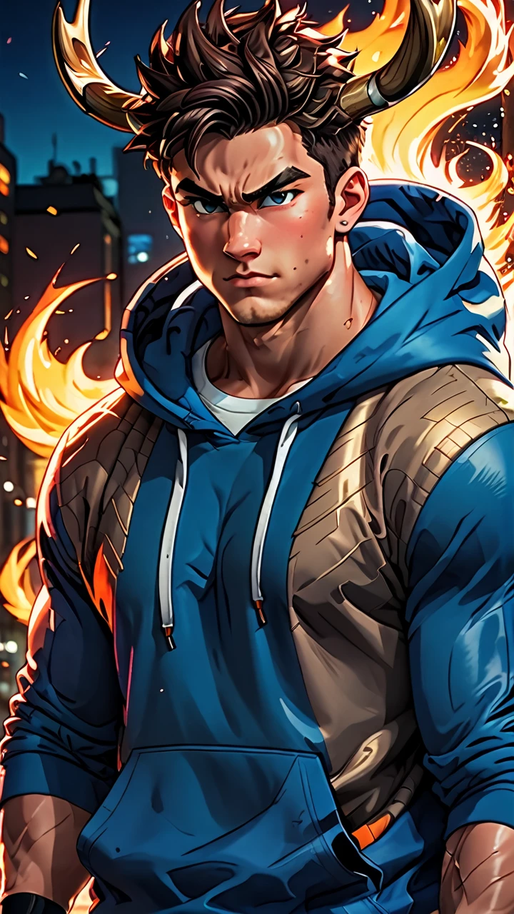 a muscular 19 year old brawny demihuman dragon with deer-like horns, wearing a hoodie, scales on body, highly detailed young face, digital painting, cinematic lighting, vibrant colors, dramatic atmosphere, hyper detailed, 8k, anime art style, Dragon Ball art style, full body view