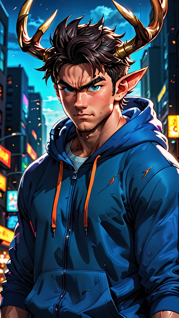 a muscular 19 year old brawny demihuman dragon with deer-like horns, wearing a hoodie, scales on body, highly detailed young face, digital painting, cinematic lighting, vibrant colors, dramatic atmosphere, hyper detailed, 8k, anime art style, Dragon Ball art style, full body view