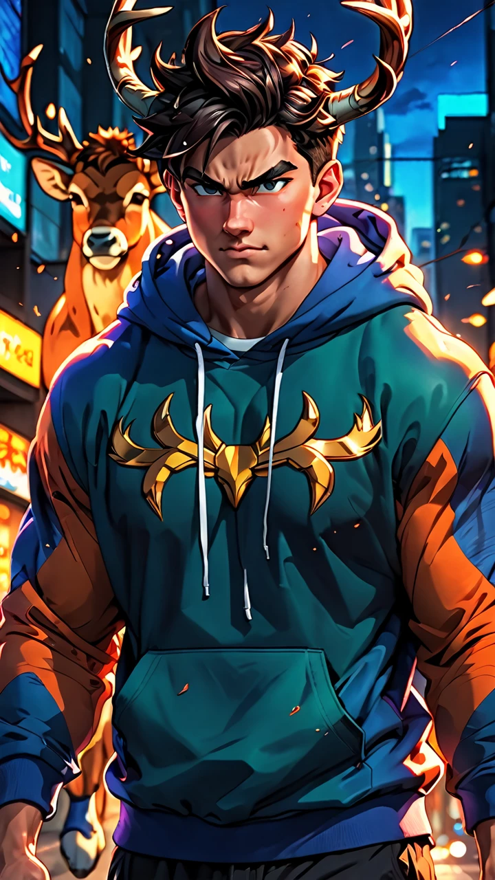 a muscular 19 year old brawny demihuman dragon with deer-like horns, wearing a hoodie, scales on body, highly detailed young face, digital painting, cinematic lighting, vibrant colors, dramatic atmosphere, hyper detailed, 8k, anime art style, Dragon Ball art style, full body view