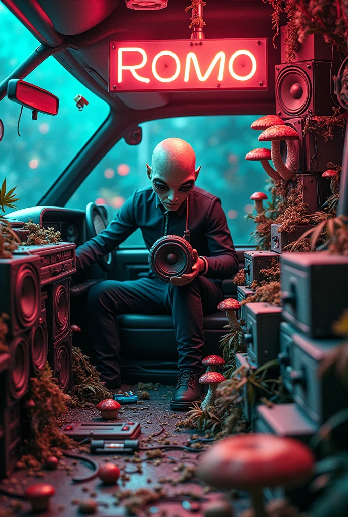 An alien installing a sound system in a car with a drill,There are many mushrooms of different sizes on the floor,giants and small ones of many colors,big and small speakers and sound comes out of them,installation wires ,few marijuana leaves,tools lying around and bass speakers with big and small drawers sticking out everywhere and the alien is holding a speaker in his hands,and a car sound amplifier,Above all this there is a sign with giant neon letters that says PAXACU CAR AUDIO 