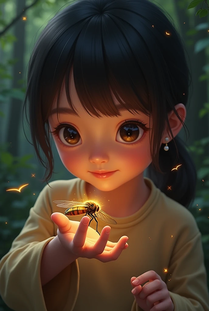 Mei-Ling carefully approached., gently reached out and the firefly landed on her finger