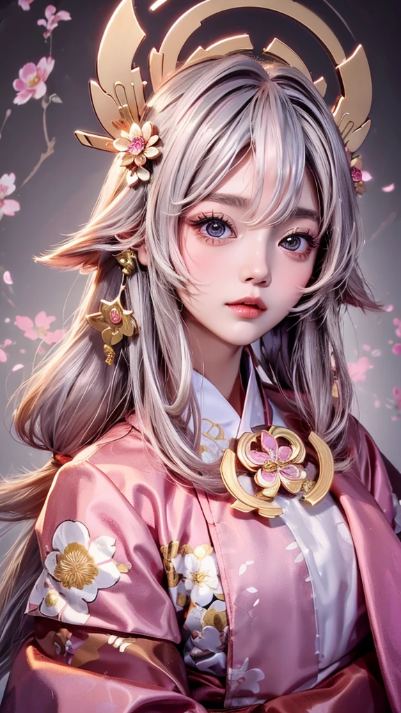 Cute kids girl　Japanese style　Golden kimono　Bob Hair　Silver Hair　Gorgeous large flower hair ornament　Golden halo　Big eyes　Pink floral luxury background
