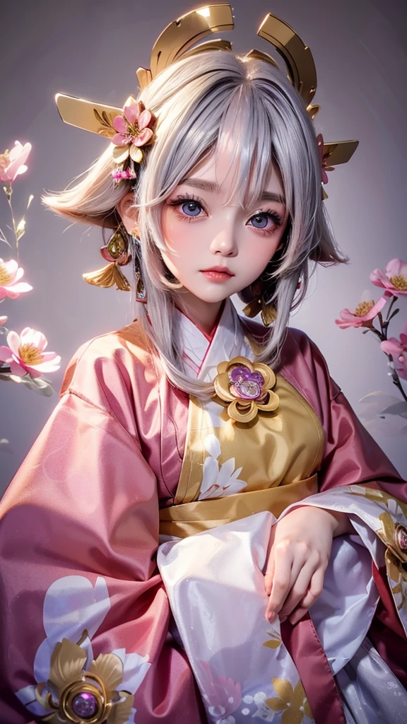 Cute kids girl　Japanese style　Golden kimono　Bob Hair　Silver Hair　Gorgeous large flower hair ornament　Golden halo　Big eyes　Pink floral luxury background
