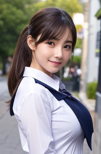 ((masterpiece, Best Quality)), ((A high resolution)), (photograph realistic), Best Shadow, high detailing, Very detailed, (nice hand, Perfect hands), (Face Focus:1.2), ((1girl in)), Beautiful Girl, 18 years old, Brown eyes, (brown ponytail hair 1.5), (big breasts:1.3), (smile:1.3), Glossy white skin, (view from front:1.3), (Very slender:1.3), (Cute face:1.3), (look at viewer:1.4), Kawaii face, thin lips, detailed facial features, Crisp focus, perfect beautiful body and face, Cute childish face, Perfectly focused, (school uniform:1.2), Long bangs, in the twilight city, (cowboy shot:1.2), japanese famous idol, (Standing:1.3)
