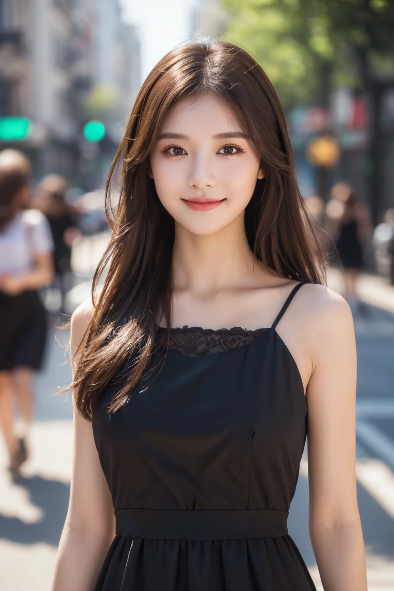 ((best quality, 8K, masterpiece :1.3)), 1 girl, Smile, whole body, Thin face, pretty Woman, (Dark brown hair), Long Dress :1.1, Super detailed facial details, Exquisite eyes, Double eyelids, Blurred background, Thin face, City, External, street,