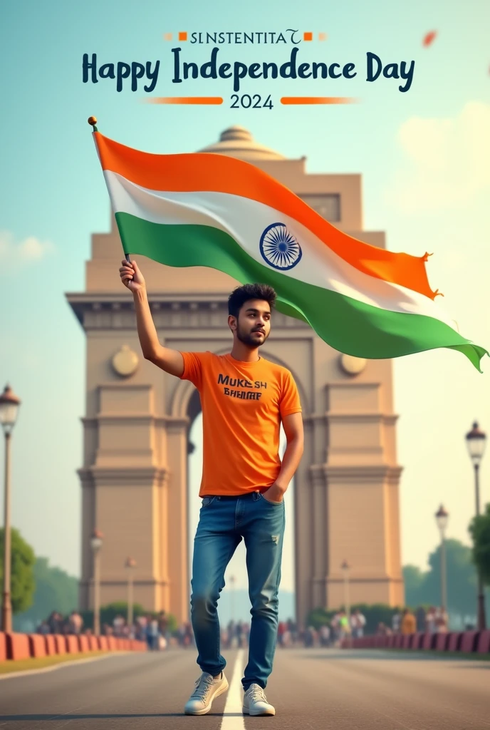 A real 25 years old men, Wearing Orange T shirt blue jeans sneakers and the name "Mukesh Bhakar" is written on his t-shirt and the boy is standing on the road with holding a national flag of India, and behind him is the India gate Delhi. And "Happy Independence Day 2024" written at above sky Create Realistic image high quality.