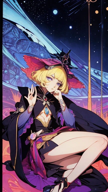 Harry Clarke, Gerhard Gepp, Raphael Kirchner, katsuhiro Otomo, Surrealism, wonder, strange, bizarre, fantasy, Sci-fi, Japanese anime, Mars setting at night, coffee, the town where the blonde miniskirt beautiful girl Alice lives, perfect voluminous body, detailed masterpiece