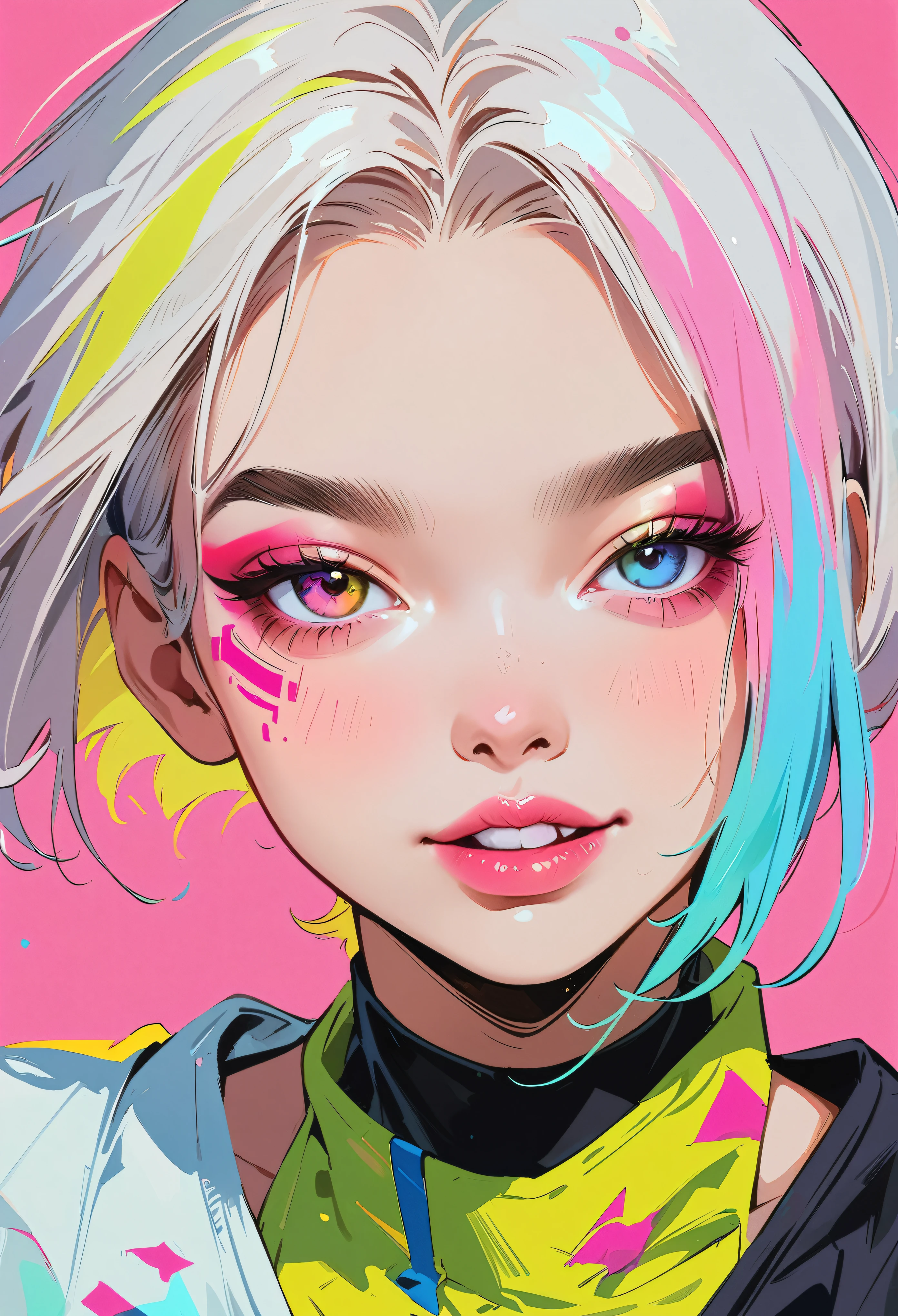 (masterpiece, best quality:1.2), 1 girl, solo, Anime style, Heterochromia, Grin, Pink lips, Cyberpunk style makeup, Short hair in different colors, Long bangs on one side, Purple and pink background.
