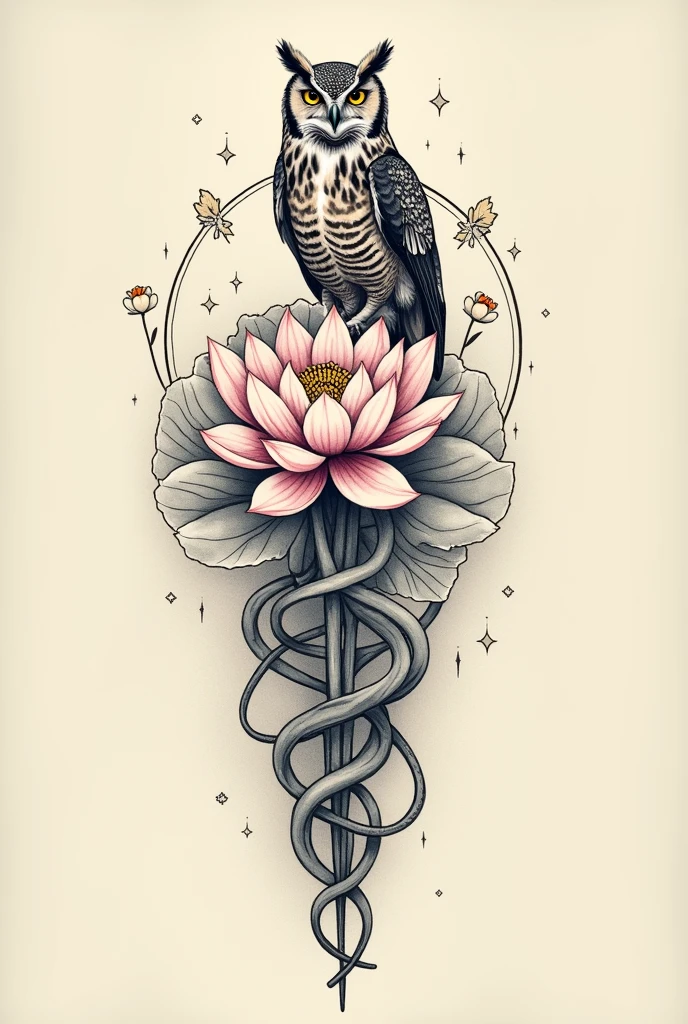 I need a tattoo with the joints of the physiotherapy symbol, the lotus flower and the owl.