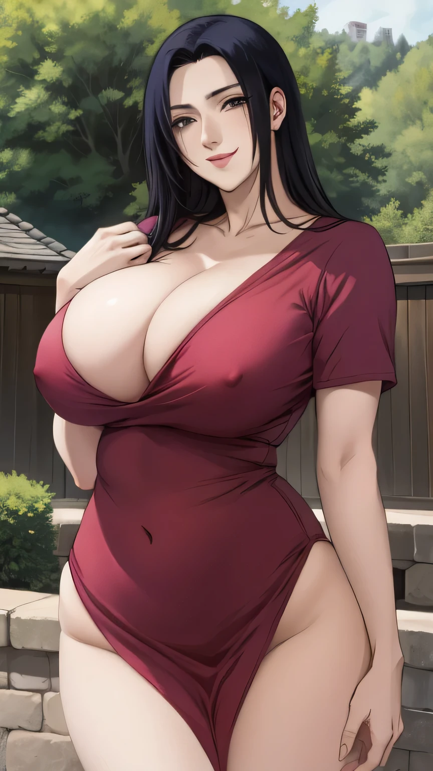 Mikoto Uchiha, milf, mature woman 30 years old, standing, ultra-detailed, realistic, soft lighting, (best quality,4k,8k,highres,masterpiece:1.2), (big breasts), professional, ((naked)), long black hair, black eyes, beautiful detailed eyes and face, extremely detailed smile, blush face, sad smiling, long eyelashes, looking at viewer, thicc, big ass, hand on chest, pubic hair, outdoors, village.