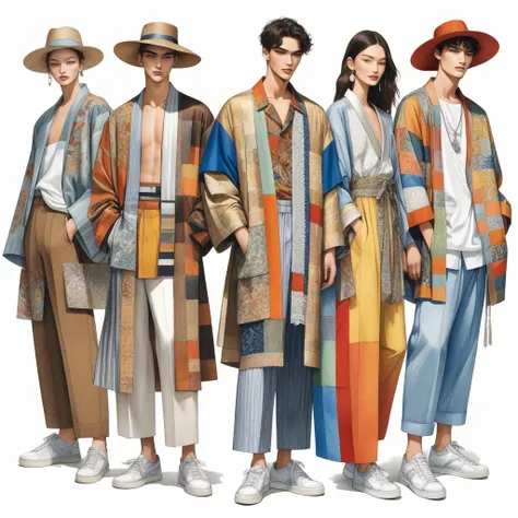 candid fashion illustration a group of young 2man and 1girl, aged 18-23 year old, tall and slender, mixed race male super model,...