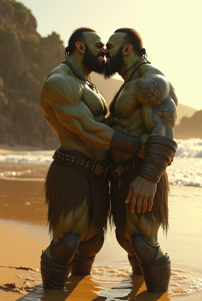 2 male orcs on the beach naked, nudes kissing