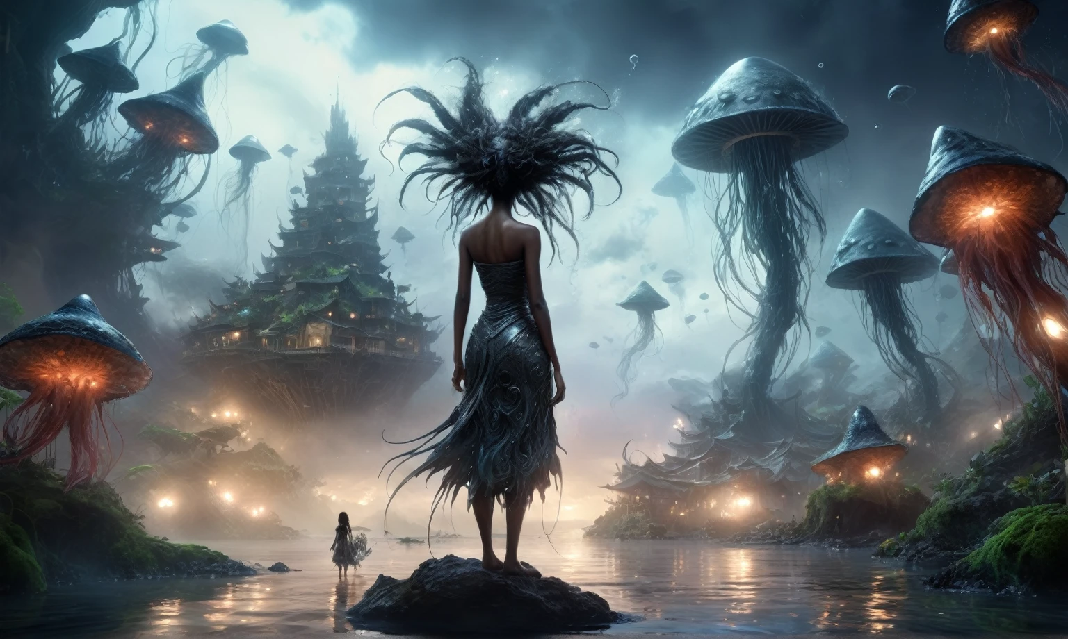 view from height,full-body-shot,obsidian The Alien Entity Moana, sassiness temper,natural jellyfish's skin textures, hyper realisitc, hyper detailed,Extremely detailed,High contrast, ,Realistic,Ultra Detailed,intricate details,realistic humid skin,extremely intricate,Epic Realistic, Romantic, cinematic style,irina yermolova, messy hair,orc's village of fishers,full body length,mother-of-marble,ominous landscape,floating islands on background in dangerous atmosphere,sunset, a Tim Burton-inspired dreamscape,Bun Hair,(Folk clothes:1.5),full body length,niobium goblin,native africa xenomorph,once pretty face,eyebrow up,full body shot,ominous landscape,niobium gray atmosphere,photo,photorealism,Masterpiece,hyper natural skin textures, hyper realism,hyper detailed,High contrast,Realism,Ultra Detailed,irina yermolova,close full body shot,32K resolution,Nikon Z9, ,demonic, fog, smoke, audience, mist, featuring ultra-realistic and hyper-realistic elements, Marta Bevacqua, Ellen Jewett, Kawacy, Katsuya Terada, Carne Griffiths,concert lighting, bokeh, luminal space that feels both bright and surreal. Includes liquid fluid elements for added depth and movement. Rendered in an unreal engine and post-processed to achieve . Evokes a sense of dreamy, ethereal and mystical mood,horror pixar movie still,thriller disney movie ,pixar render, animated ,suicide,psychiatric clinic insane