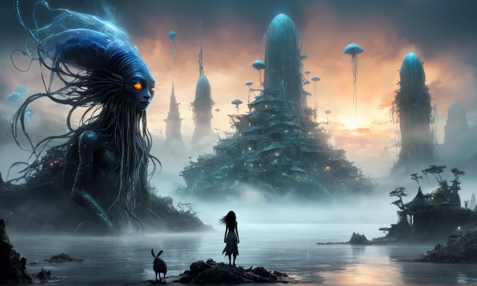 view from height,full-body-shot,obsidian The Alien Entity Moana, sassiness temper,natural jellyfish's skin textures, hyper realisitc, hyper detailed,Extremely detailed,High contrast, ,Realistic,Ultra Detailed,intricate details,realistic humid skin,extremely intricate,Epic Realistic, Romantic, cinematic style,irina yermolova, messy hair,orc's village of fishers,full body length,mother-of-marble,ominous landscape,floating islands on background in dangerous atmosphere,sunset, a Tim Burton-inspired dreamscape,Bun Hair,(Folk clothes:1.5),full body length,niobium goblin,native africa xenomorph,once pretty face,eyebrow up,full body shot,ominous landscape,niobium gray atmosphere,photo,photorealism,Masterpiece,hyper natural skin textures, hyper realism,hyper detailed,High contrast,Realism,Ultra Detailed,irina yermolova,close full body shot,32K resolution,Nikon Z9, ,demonic fog, smoke, audience, mist, featuring ultra-realistic and hyper-realistic elements, Marta Bevacqua, Ellen Jewett, Kawacy, Katsuya Terada, Carne Griffiths,concert lighting, bokeh, luminal space that feels both bright and surreal. Includes liquid fluid elements for added depth and movement. Rendered in an unreal engine and post-processed to achieve . Evokes a sense of dreamy, ethereal and mystical mood,horror pixar movie still,thriller disney movie ,pixar render, animated ,suicide,psychiatric clinic, insane fantasy