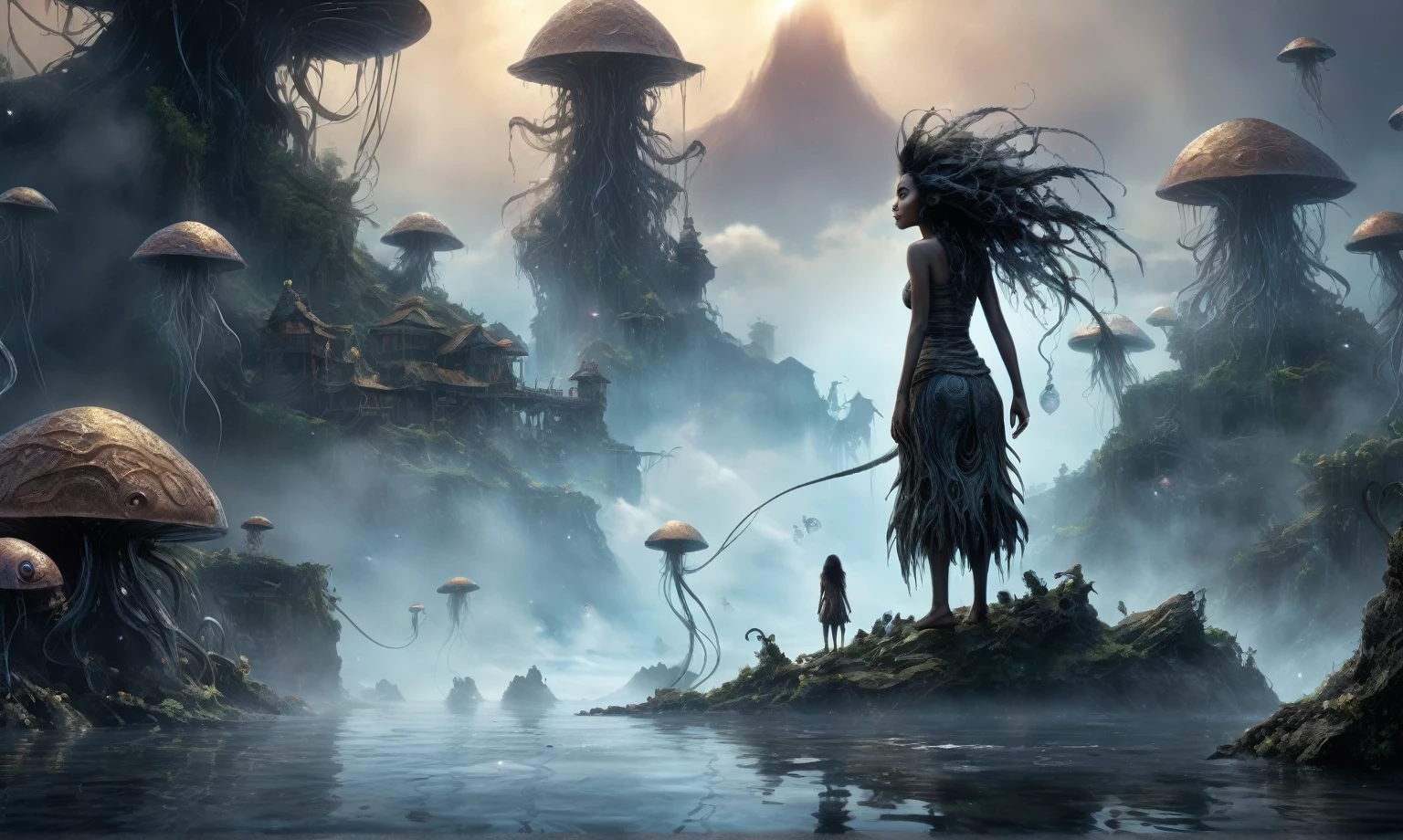 view from height,full-body-shot,obsidian The Alien Entity Moana, sassiness temper,natural jellyfish's skin textures, hyper realisitc, hyper detailed,Extremely detailed,High contrast, ,Realistic,Ultra Detailed,intricate details,realistic humid skin,extremely intricate,Epic Realistic, Romantic, cinematic style,irina yermolova, messy hair,orc's village of fishers,full body length,mother-of-marble,ominous landscape,floating islands on background in dangerous atmosphere,sunset, a Tim Burton-inspired dreamscape,Bun Hair,(Folk clothes:1.5),full body length,niobium goblin,native africa xenomorph,once pretty face,eyebrow up,full body shot,ominous landscape,niobium gray atmosphere,photo,photorealism,Masterpiece,hyper natural skin textures, hyper realism,hyper detailed,High contrast,Realism,Ultra Detailed,irina yermolova,close full body shot,32K resolution,Nikon Z9, ,demonic fog, smoke, audience, mist, featuring ultra-realistic and hyper-realistic elements, Marta Bevacqua, Ellen Jewett, Kawacy, Katsuya Terada, Carne Griffiths,concert lighting, bokeh, luminal space that feels both bright and surreal. Includes liquid fluid elements for added depth and movement. Rendered in an unreal engine and post-processed to achieve . Evokes a sense of dreamy, ethereal and mystical mood,horror pixar movie still,thriller disney movie ,pixar render, animated ,suicide,psychiatric clinic, insane fantasy