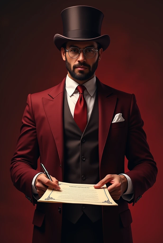 A well-dressed man in wine red tones.
He wears round glasses and a top hat., holds a contract in one hand and a pen in the other