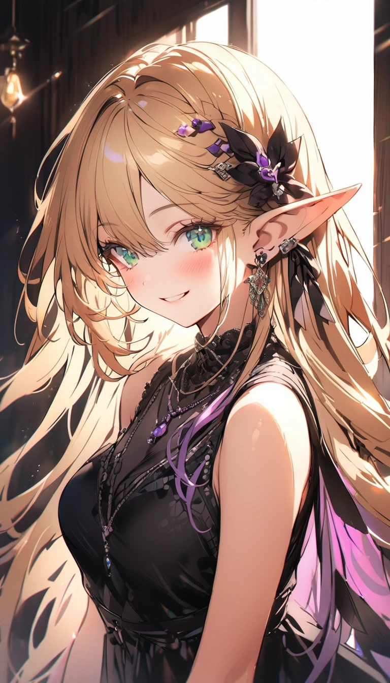 (elf girl:1.3), (green eyes:1.2), (blonde hair:1.2), (hand raised:1.1), (smiling:1.0), (blush:1.0), (black dress:1.2), (jewelry:1.0), (long hair:1.2), (pointed ears:1.2), (purple hair accessory:1.1), (detailed clothing:1.0), (morning light:1.0), (natural lighting:1.0)