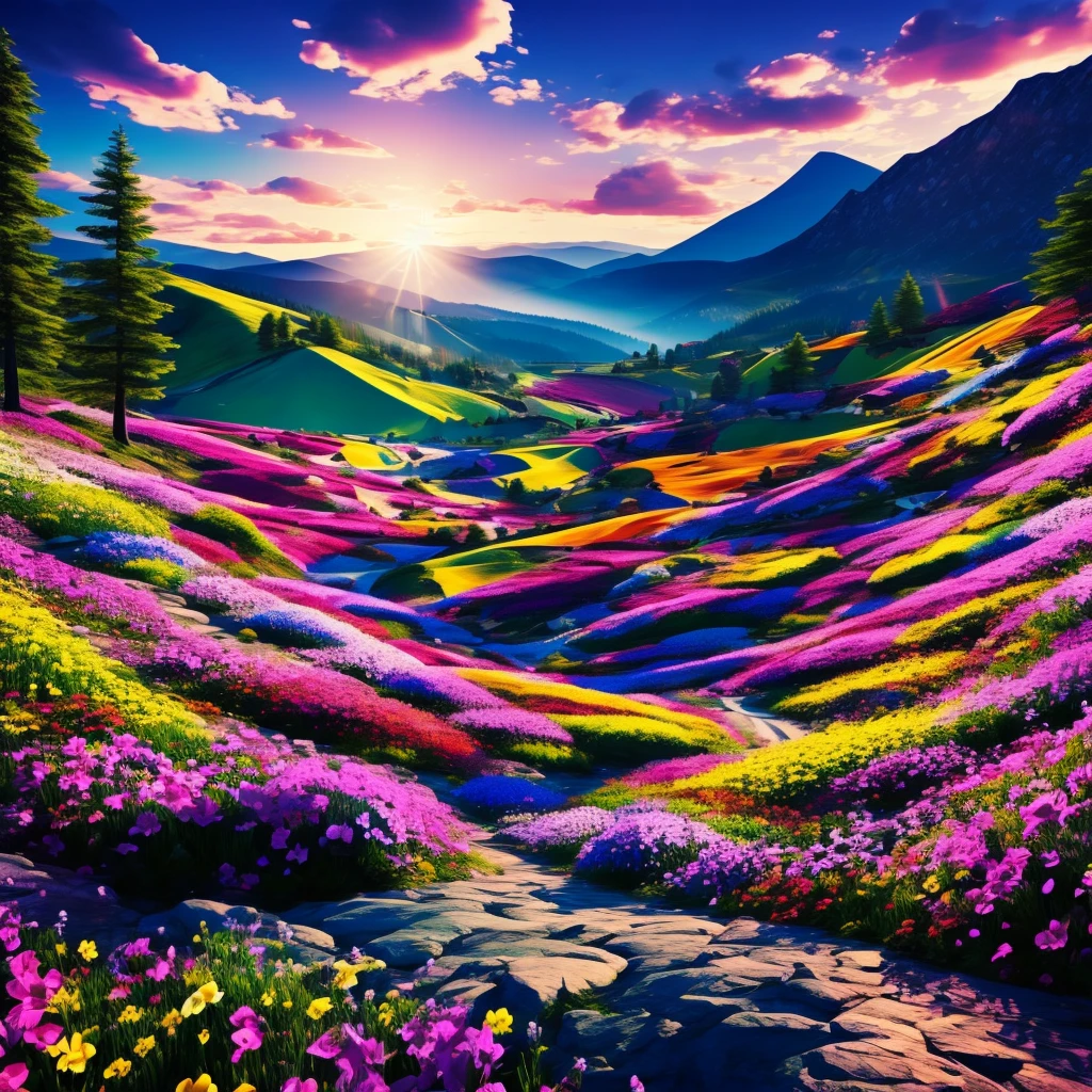 nocturne playing piano in a colorful mountain with flowers, HD