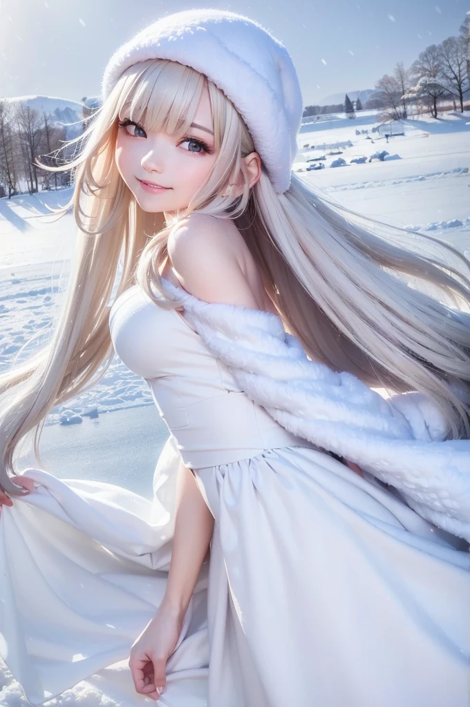 (the upper body:1.5).masterpiece、Highest quality、1 girl, winter, platinum blonde hair, Cute girl, smile, close mouse, medium breasts, sideboob:1.2, white dress, winter clothes, long skirt, Fur coat、Small waist、Thin legs、outdoors, front of the lake, snow falling, Prayer Pose, join hands, from backside:1.5, look back:1.6, face, style
