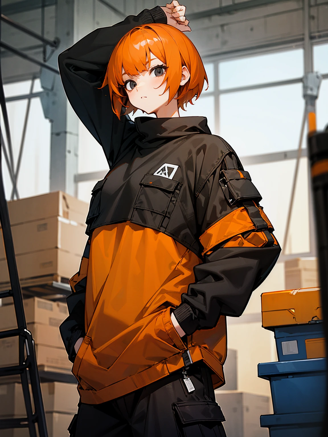 1female, black eyes, orange hair, short hair, black skull sweatshirt, lean build, black military pants, arm wrappings, warehouse, hands in pocket