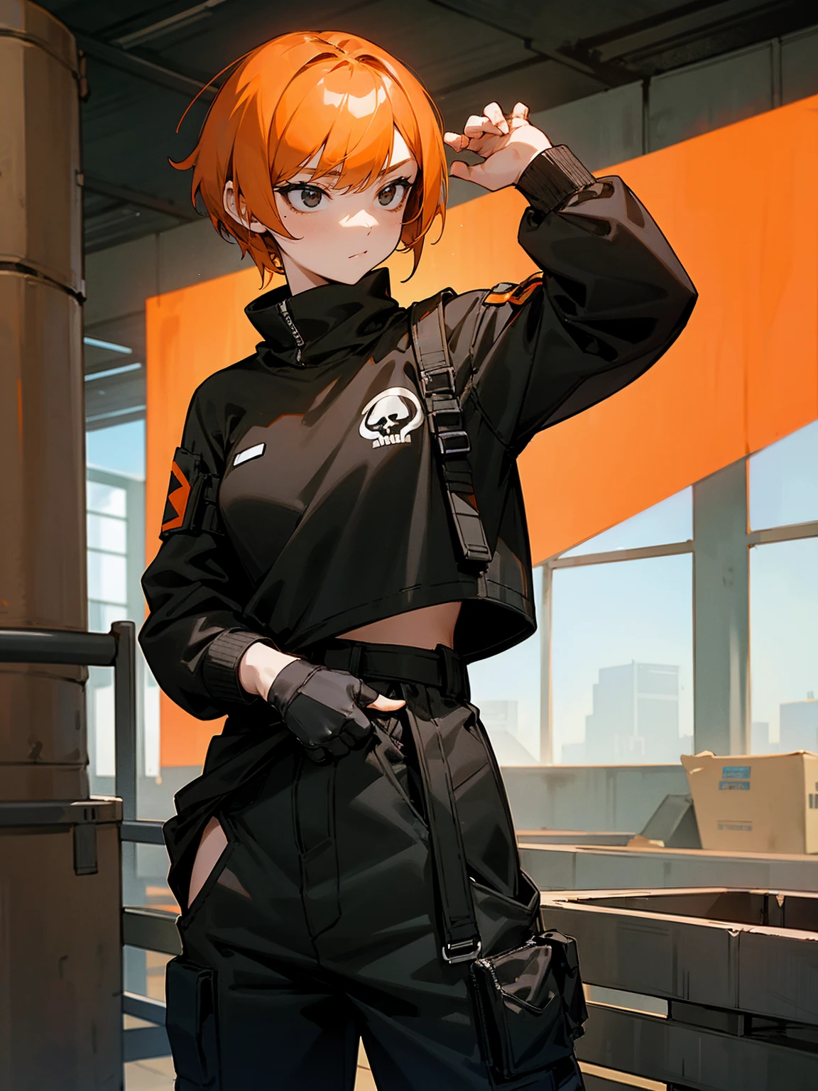 1female, black eyes, orange hair, short hair, black skull sweatshirt, lean build, black military pants, arm wrappings, warehouse, hands in pocket