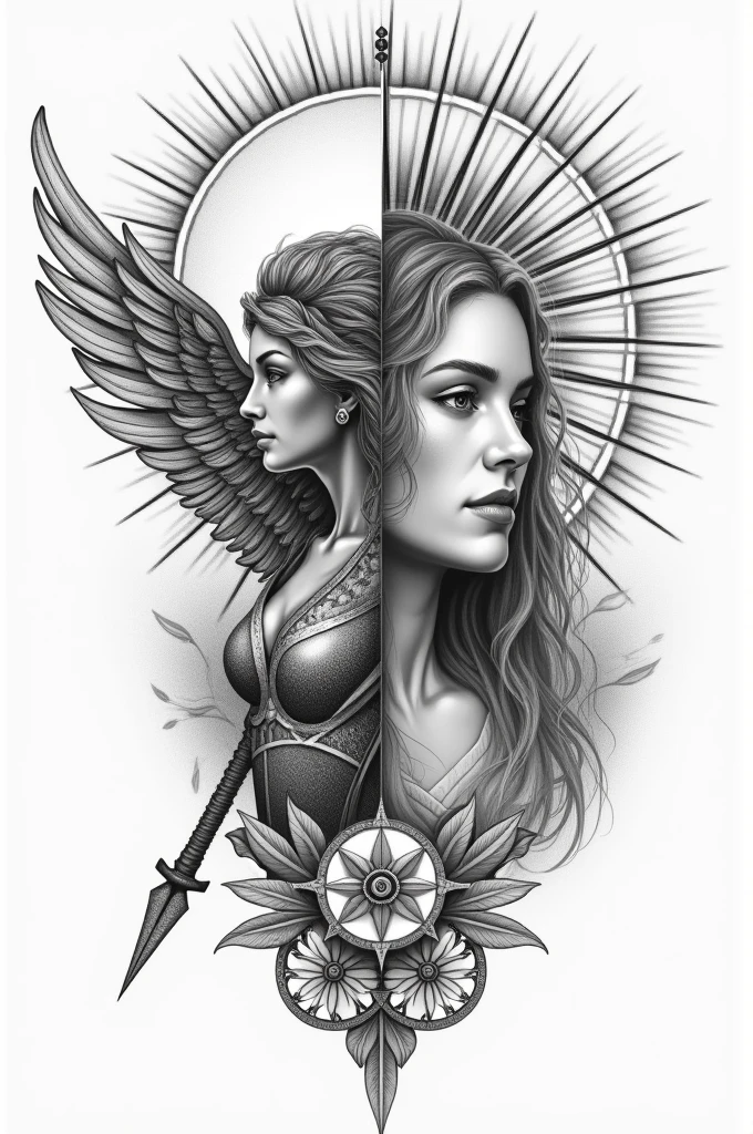 Here is a condensed version for you to submit:
---
**tattoo design: Valkyrie with Sun e Aphrodite with Moon**
- **Composition**: Divided into two harmonious parts, with the Valkyrie associated with the sun and Aphrodite with the moon. The two figures are connected by a unified style with fine, detailed lines..
- **Valkyrie with Sun**: A powerful warrior in armor with wings spread, The sun behind her, rays like halo. determined expression, perhaps wielding a spear or sword.
- **Aphrodite with Moon**: A serene and graceful figure with soft features. The moon is behind or above it, with a soft shine. peaceful expression, maybe with a slight smile.
- **interaction**: Valkyrie on the left, with the sun in the background, and Aphrodite on the right, with the moon over your head. Additional details such as flowers, stars or geometric patterns for smooth transitions.
- **styled**: Realism with fantasy, in black and white or color with warm and cool tones.
--- Realistic pencil drawing