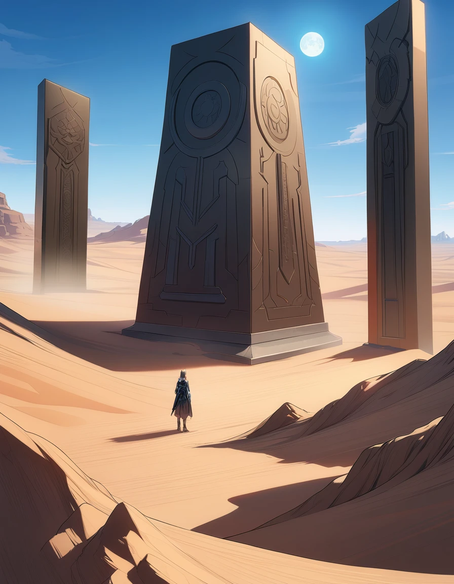 Long desert, clear sky, Scenario, moonligh, stele, high qualiy, anime styling
