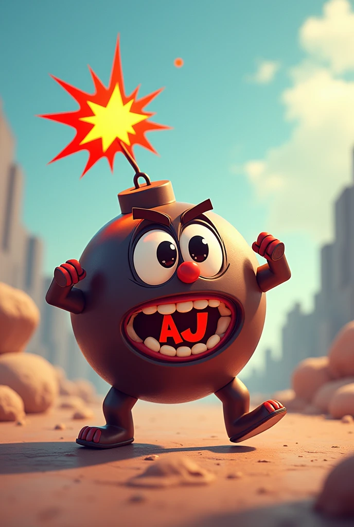 Image of an animated bomb and a logo with the letters A and J