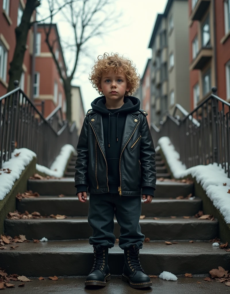 a  with curly blonde hair,wearing black leather jacket,hoodie,jeans,doc martens boots,sitting on stairs of apartment entrance,street scene,winter,(best quality,4k,8k,highres,masterpiece:1.2),ultra-detailed,(realistic,photorealistic,photo-realistic:1.37),HDR,sharp focus,professional,vivid colors,warm lighting