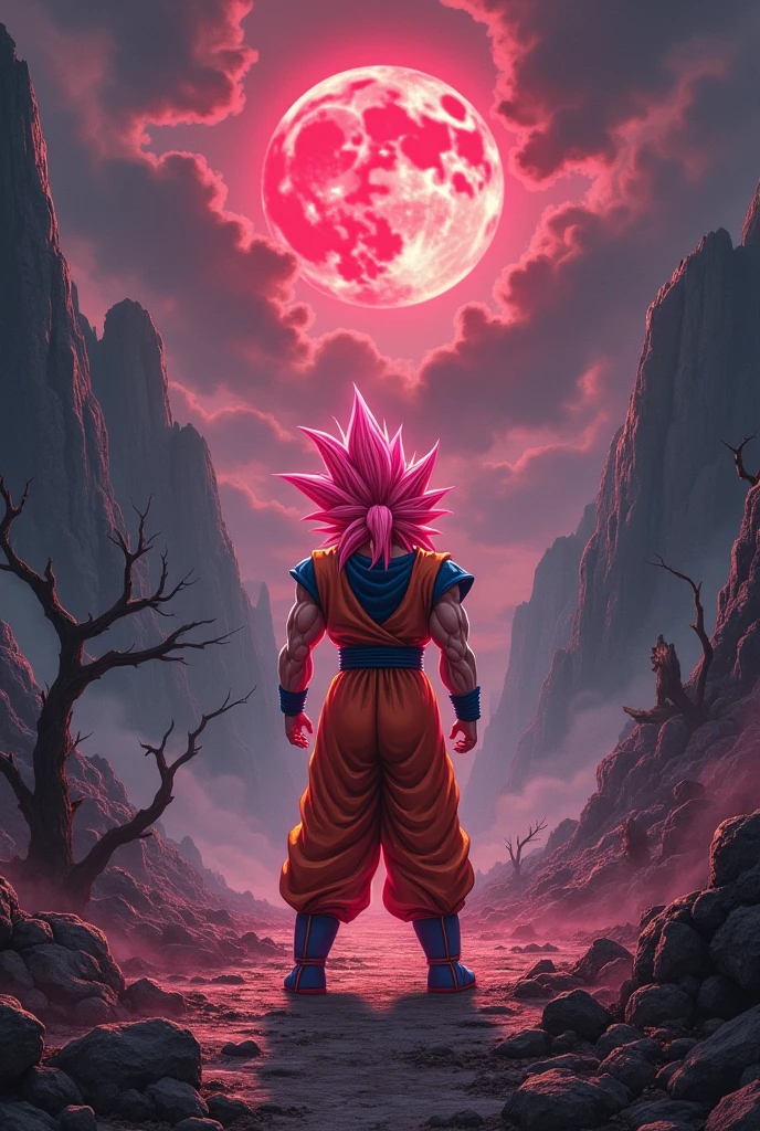 son goku/dragon ball Z,ssj rose,Red Moon,black clouds. mountains,valleys,destroyed,broken trees.