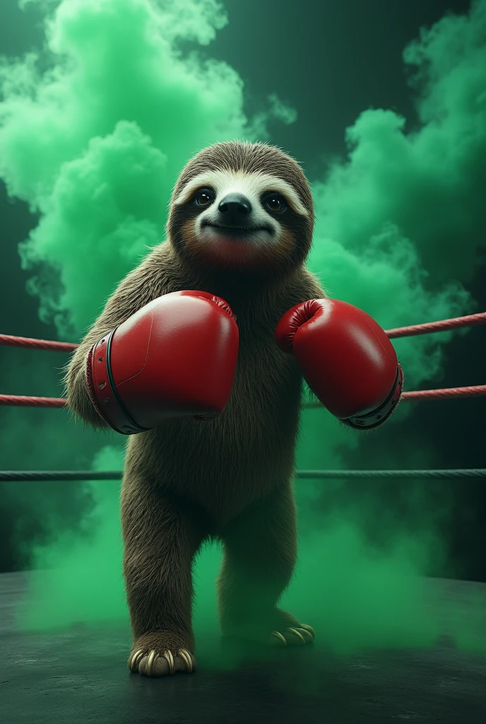 Create a picture of a boxing sloth, above the ring, the ring that is black with animated green smoke