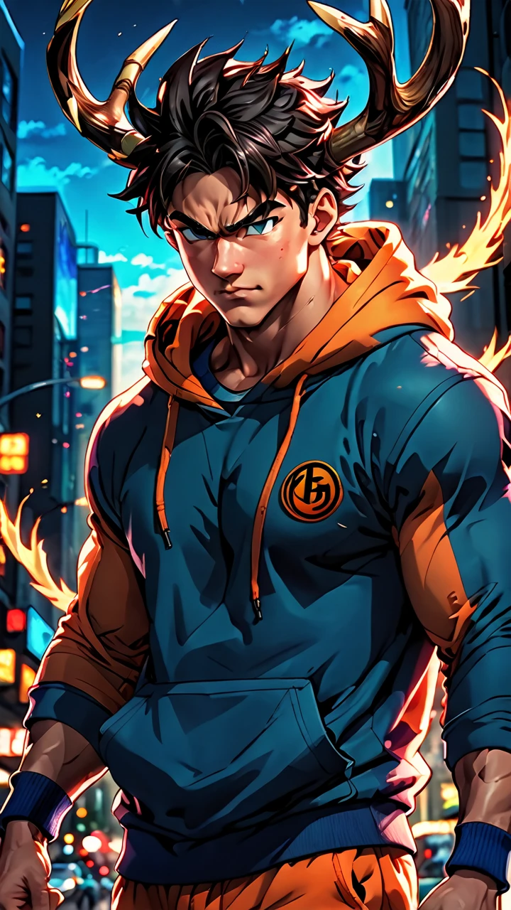 A highly muscular, brawny 19-year-old demihuman dragon with deer-like horns, wearing a hoodie, scales covering their body, extremely detailed and youthful face, digital painting, cinematic lighting, vibrant colors, dramatic atmosphere, 8k resolution, anime style, Dragon Ball art style, full body view