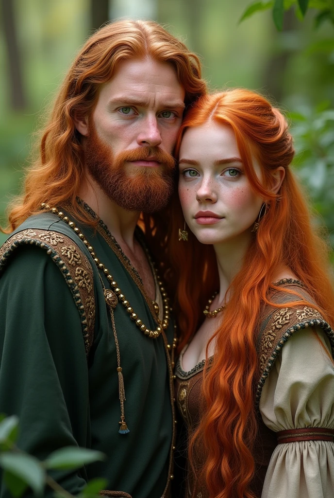 Draw a redheaded couple in a natural setting. The man must have long, slightly wavy hair., dark green eyes and a medium-sized full beard. Your features should be German and Nordic, but with a more rounded and not so thin nose, similar to that of Koreans. The woman must have long, straight hair, with a slight fringe similar to Sabrina Carpenter's. She must have light brown eyes, slight freckles on the face, Polish features and a rounded face with slightly flushed cheeks. Her nose should also be more rounded and not so thin.. Both must have extremely fair skin and be dressed in Celtic attire., located in the middle of nature, surrounded by greenery and an open-air environment."