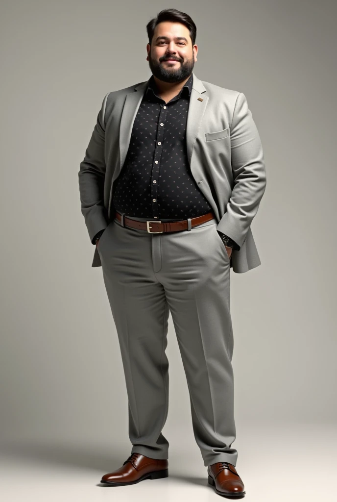 I have a black shirt with very very small pink dots and I want to combine it with a formal light grey suit, a jacket and light grey formal trousers and elegant brown shoes., The shirt has a black and white line with a design similar to flowers but that is hidden when pointed at, create an image with that description, It is for a person a little fat man not much, He doesn't look obese, just overweight, he weighs 90 kilos and is 1..72 cm, black shirt with very very small pink dots and has a beard, The dots are pink but very very small