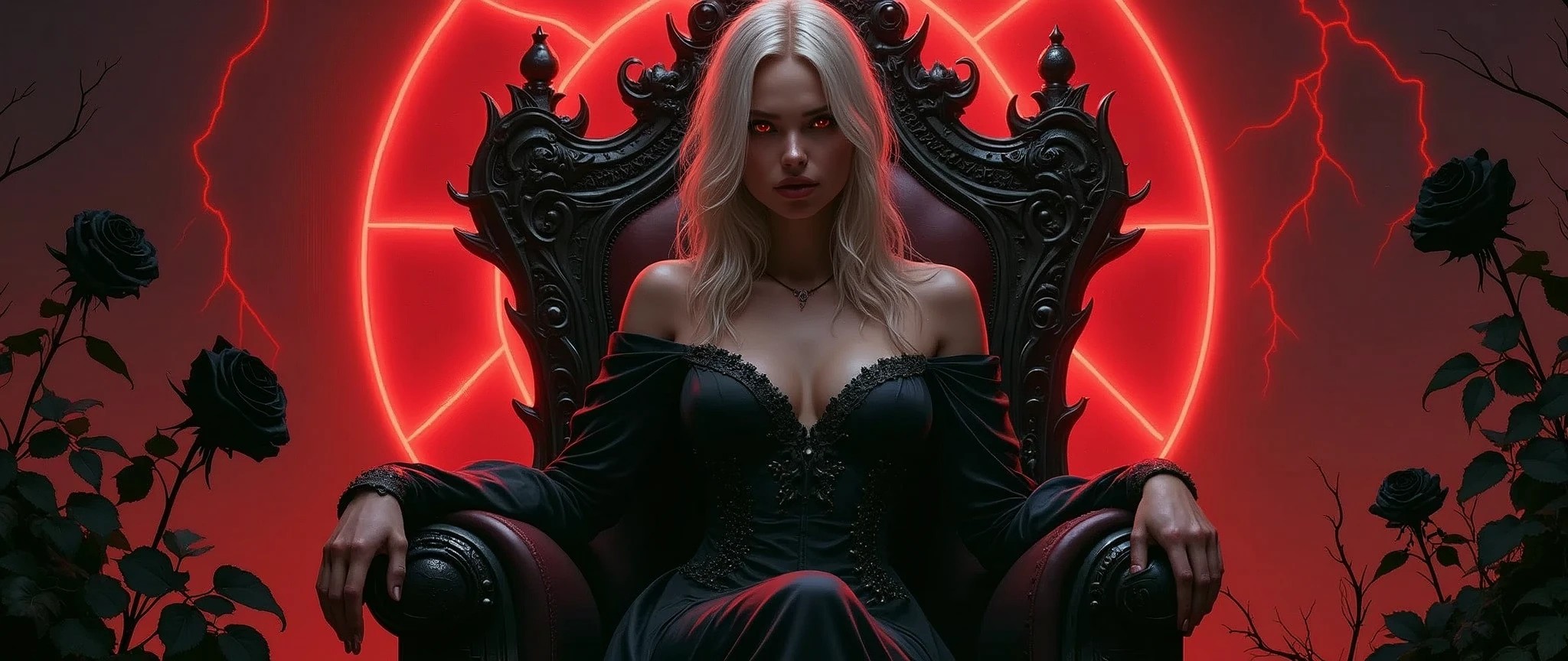 RAW Photos,black light, hair blonde, blonder woman, dark surroundings, Dark masterpiece, mulher fair brown-skinned, SITTING ON A THRONE, throne with thorns, black roses, woman in black dress, posing photo, long hair, hair blonde, black witchcraft, red geometric shiny background, full body size, Eastern fantasy theme, Eyes red, underworld, cold stare, Dark clothes, long and tight, fair brown-skinned, color classification, dark illustration, extreme quality, Radiant, extremely detaild, Face ultra detailed, ultra hd 8k, ultradigitality, mythical, black lightning, Conceital Art Portrait of Greg Rutkowski, artgerm, hyperdetailed, intricately detailed Gothic art, dark gothic fantasy style, triadic colors, Fantastic, intricate-detail, opening screen, colors complementary, fantasy concept art, 8K resolution, masterpiece of gothic deviantart, Heavy strokes, soft lighting, Surrealism